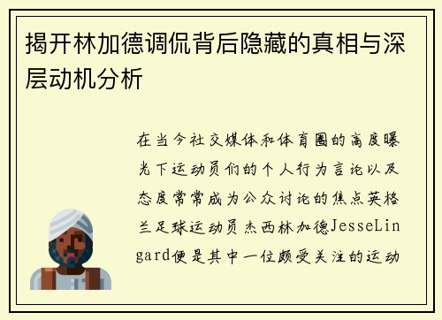 揭开林加德调侃背后隐藏的真相与深层动机分析